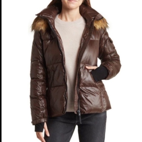 S13 New York Brown Down Puffer Jacket Faux Fur Hood XL NWT Cozy Winter Coat - Picture 8 of 14